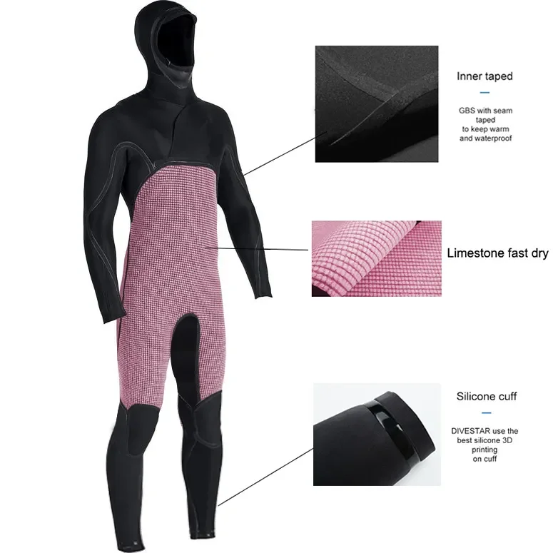 Mens Winter suit 4/3 3/2 Hooded Full suit Chest Zip SCR Neoprene Suit GBS Hand Taped Surfing Diving Wetsuit