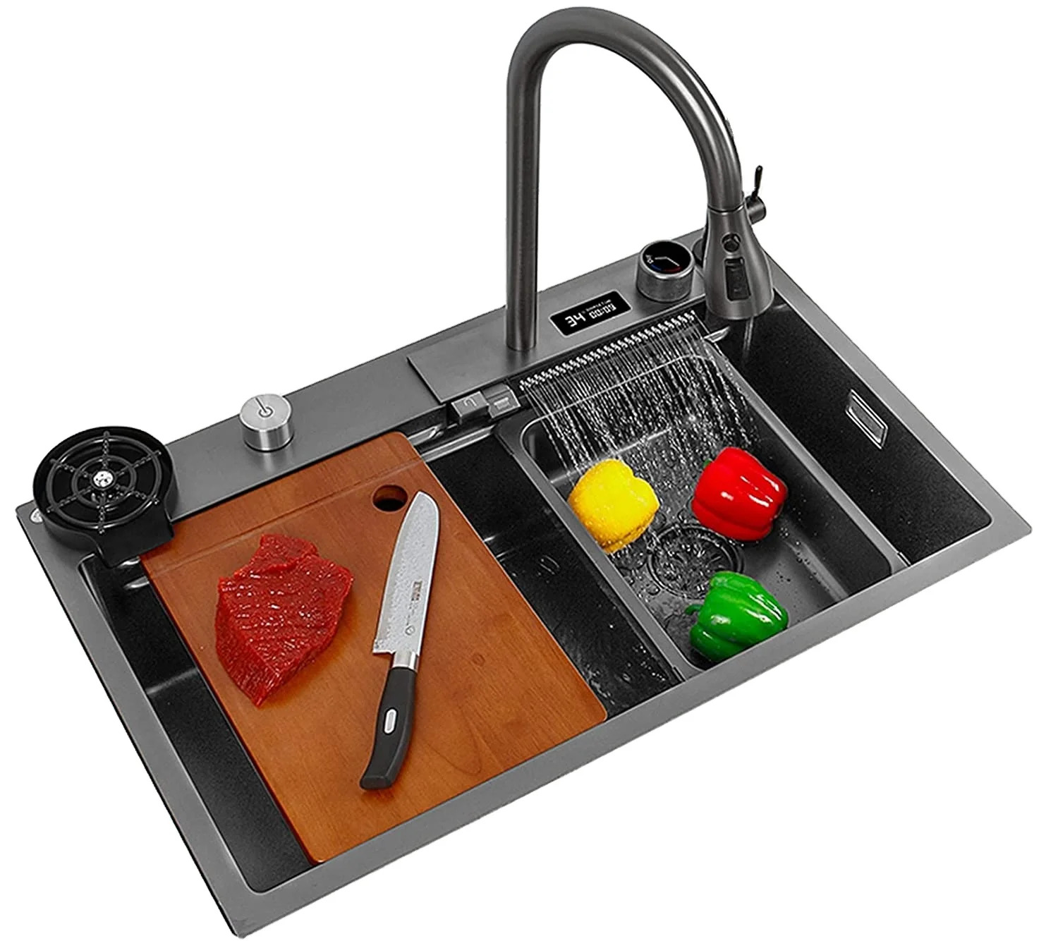 Kitchen Sink, 304 Stainless Steel Nano Raindance Waterfall Sink, with Pull-Out Faucet Single Bowl Big Sink