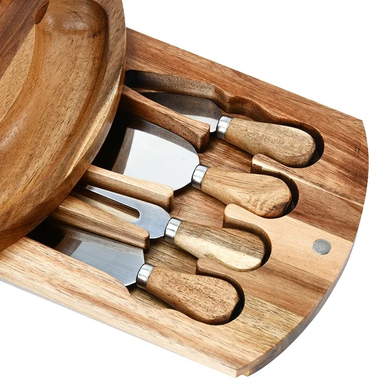 New Design Rotating Acacia Wood Round Serving Tray With Ceramic Bowl