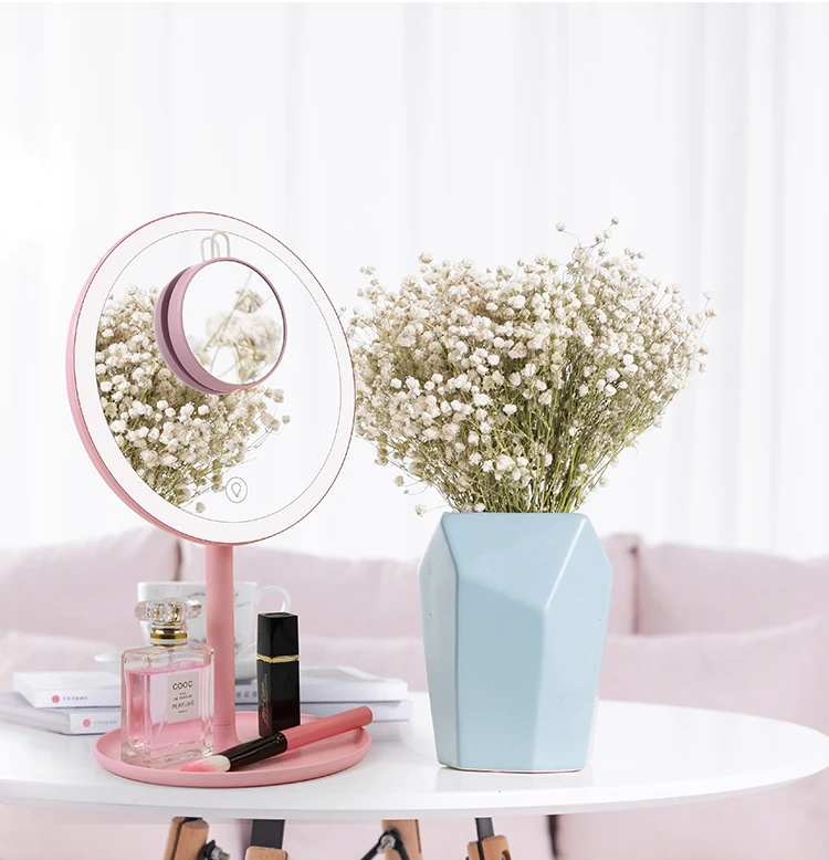 Portable round Desktop Makeup Vanity Mirror with LED Three-Color Lighting and Storage Tray Single Side Box Packing