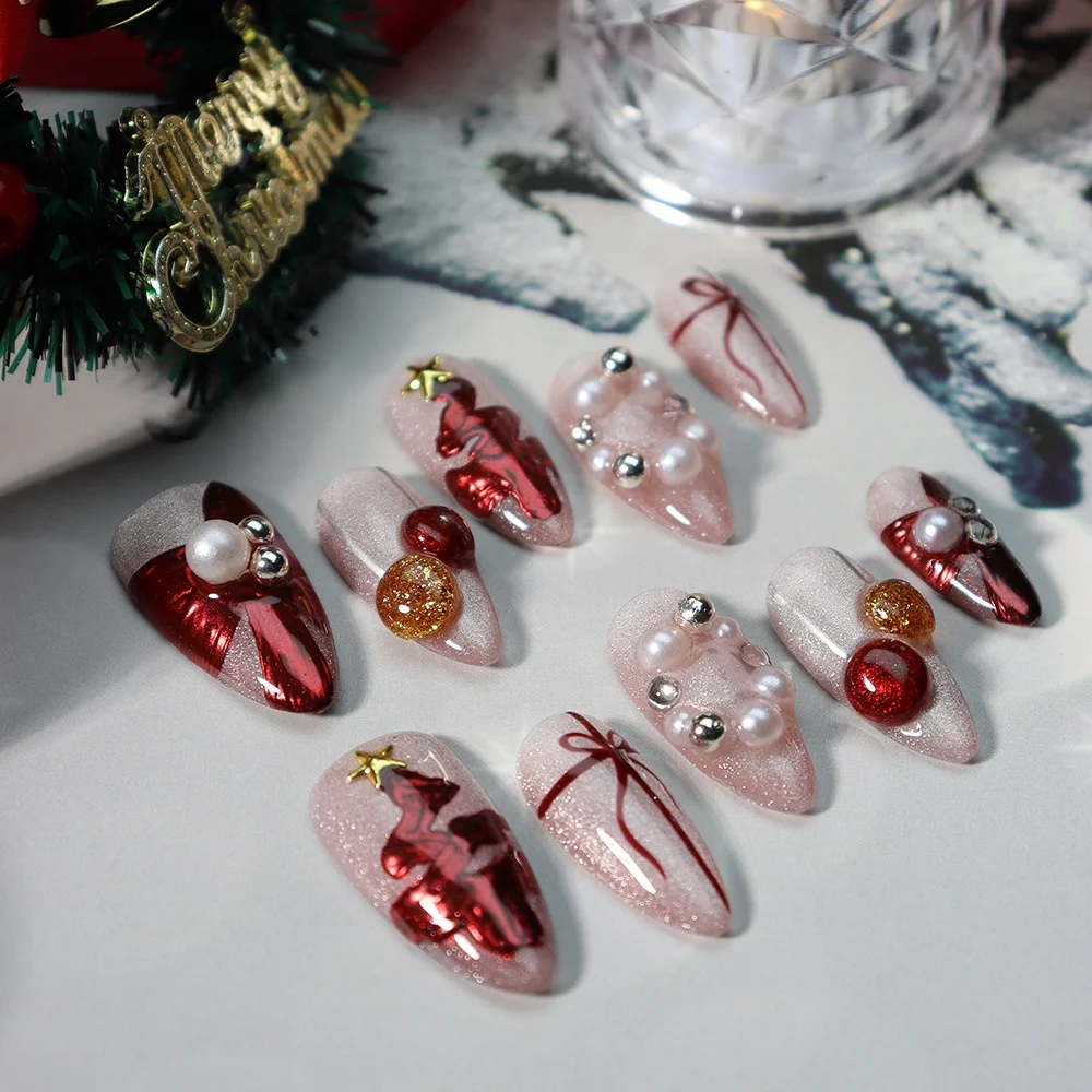 New Arrival Almond Hand-painted Christmas Pearls Nail Crystal Handmade Nail Art 3D Luxury Press on Nails
