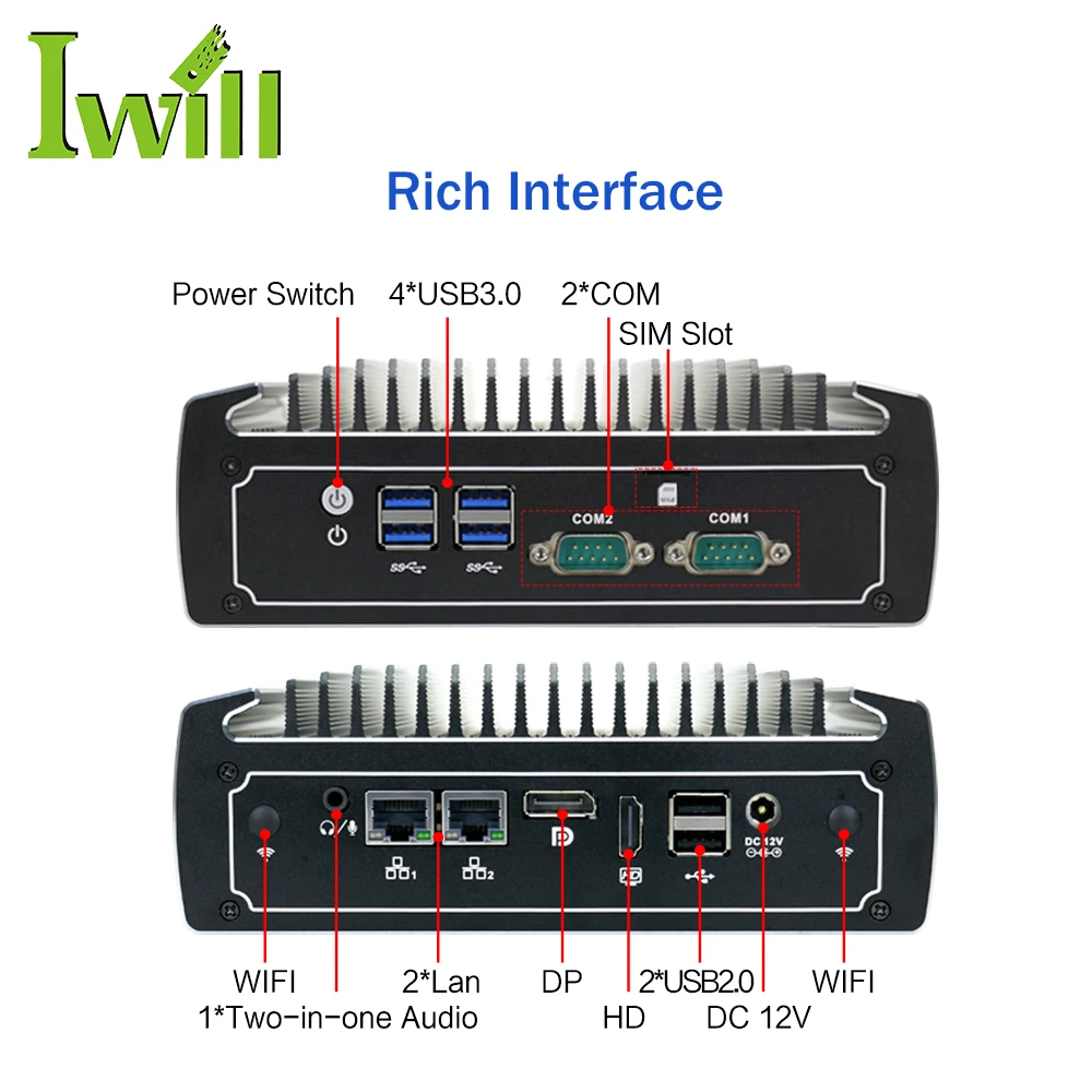 Fanless embedded PC i3-10110U i5-10210 I7-10810U Dual lan box pc mini pc support 4G LTE WiFi