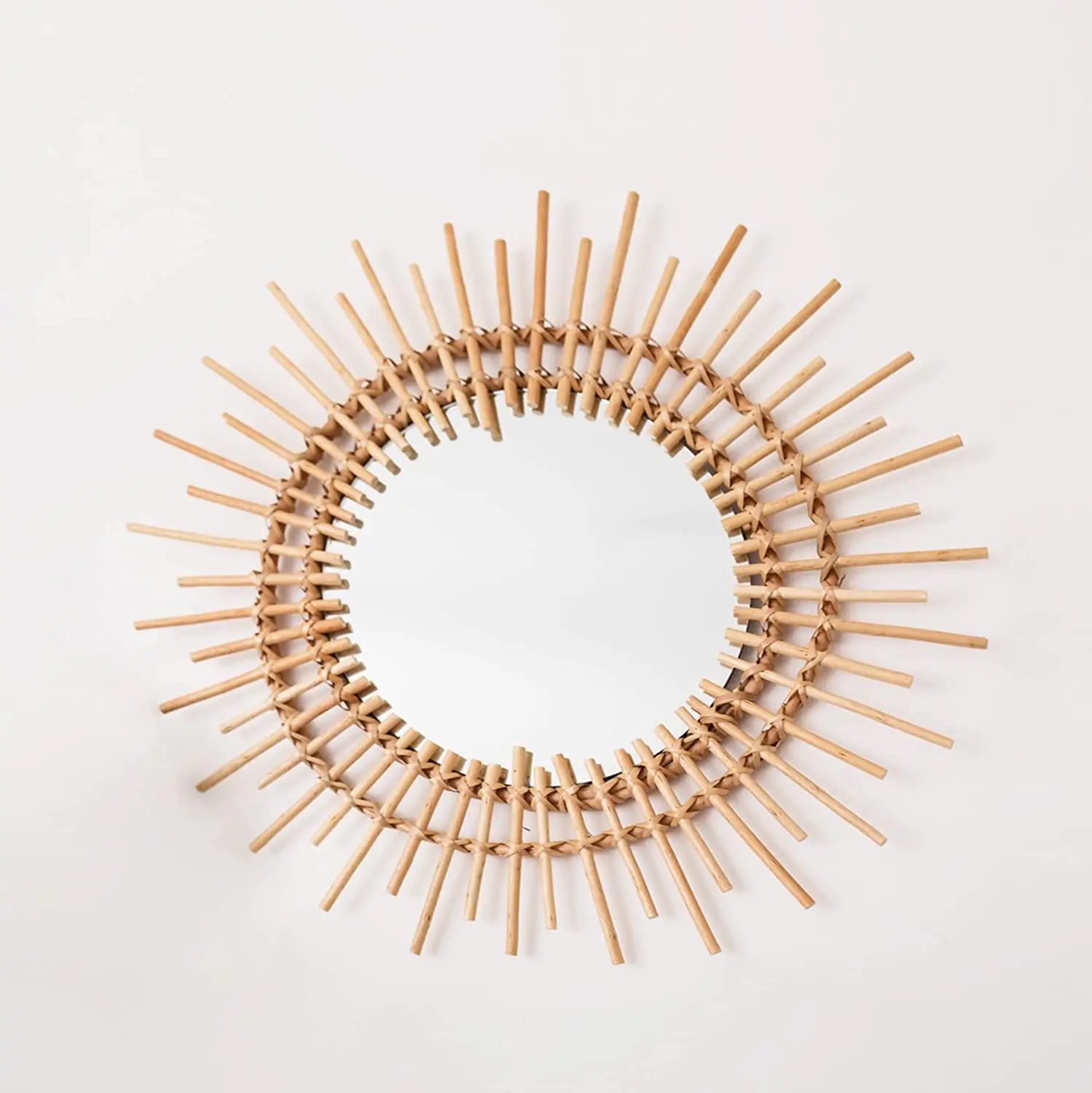 Rattan Materials Mirror Boho style Round Hanging Wall Mirror Rustic Wooden Frame Circle Mirror for Farmhouse