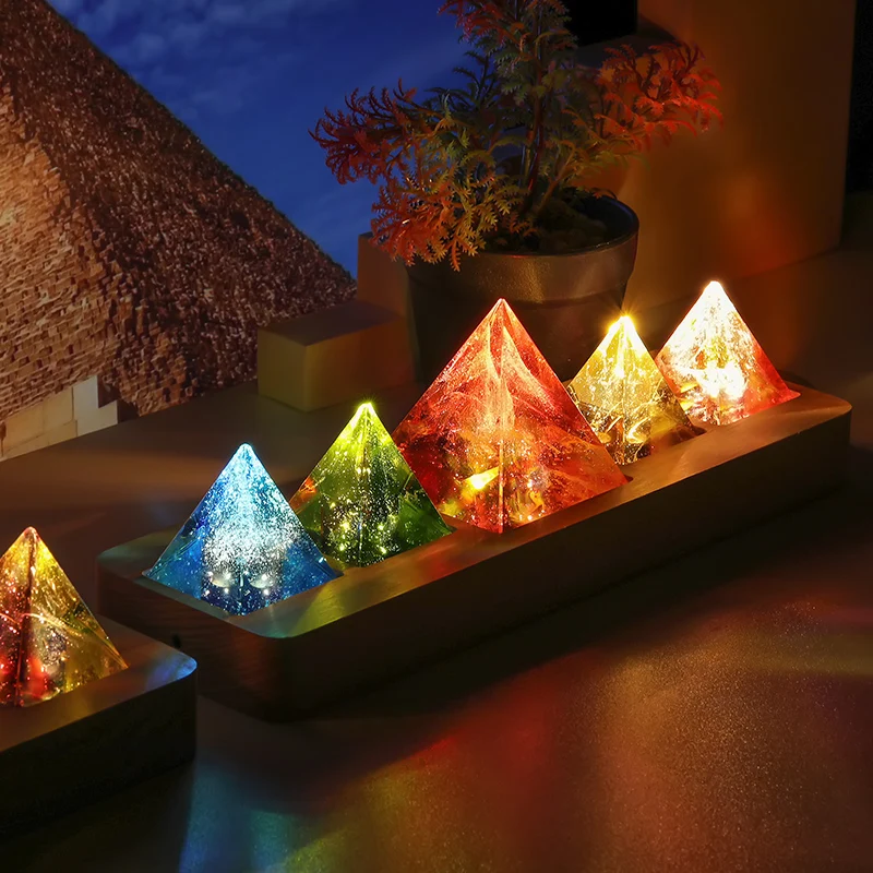 Artistic Crystal Pyramid 80mm Sized 3D Luminous Night Astronomy Model with 7-Color Changing LED Base for Home Decoration