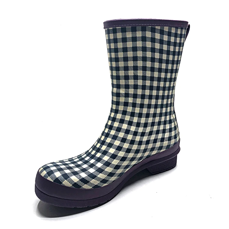 
2020 Black and White Check Print Mid-calf Rain Boots for Women 