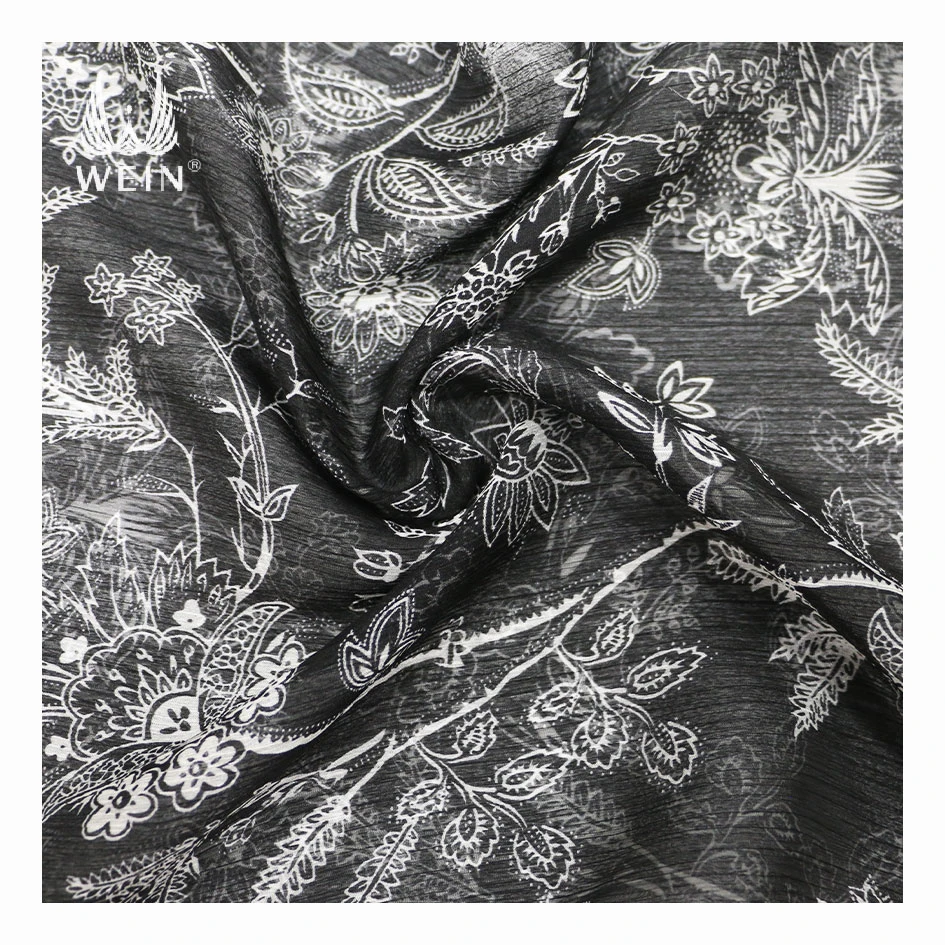 B01 stock print black and white ladies crinkle chiffon fabric printing service for dress