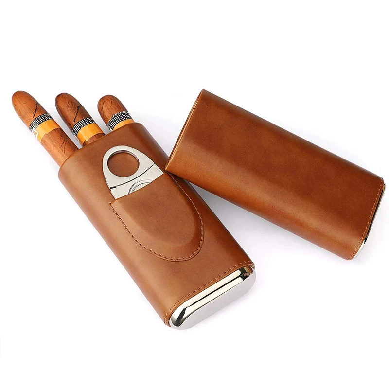 Premium 3 Finger Brown Leather Travel Humidor Cigar Case Cigar Accessories Cigar Bag