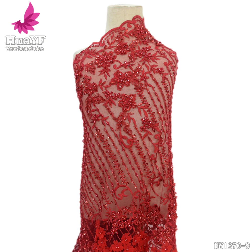 2020 Ready Stock dubai fabric importers Red luxury embroidered dress fabrics 3d flower lace wholesales HY1270