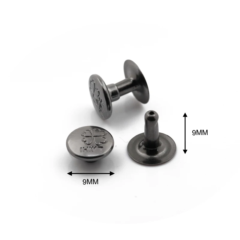 High quality brass 9 mm custom logo single round head black rivets for leather handbag