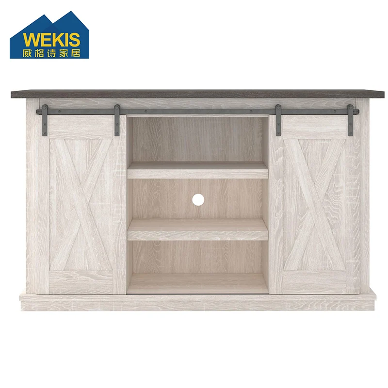 Wood Sliding Barn Doors Entertainment Center Farmhouse Whitewash Gray Media Console Storage Cabinet TV Television Stand