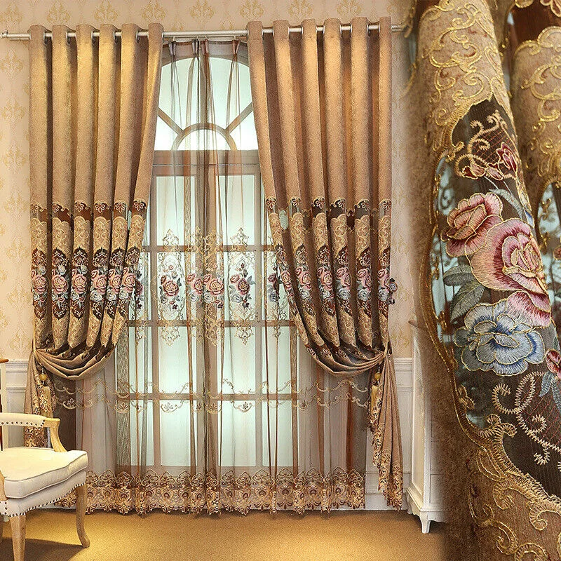 Custom ready made chenille window curtains and bedsheets with matching curtains for the living room embroidery