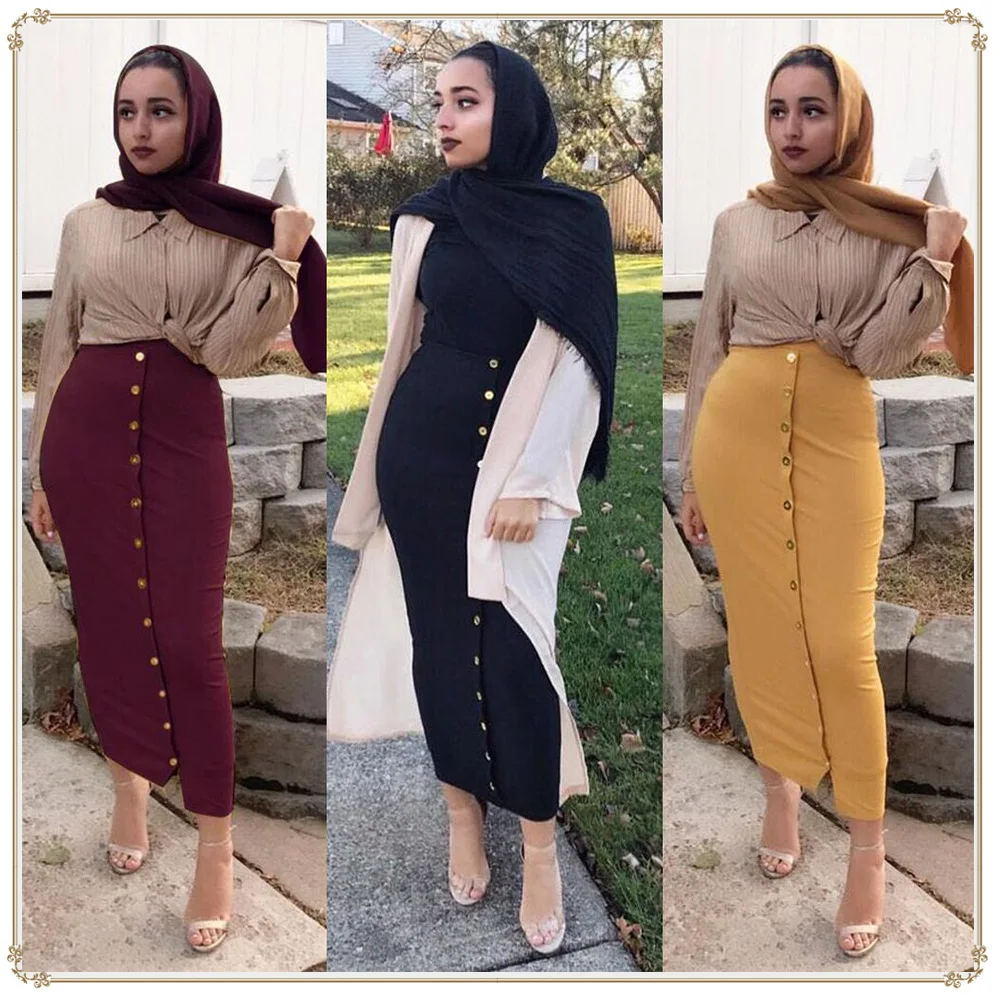 Fashion Autumn Winter High Waist Muslim Skirts Buttons Bodycon Sheath Long Skirt Women Solid Femme Pencil Skirts