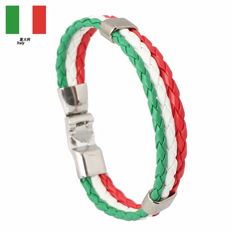 Punk Woven National Flag Color Leather Bracelet Wholesale Colorful Handmade PU Leather Bracelet Football Bracelet