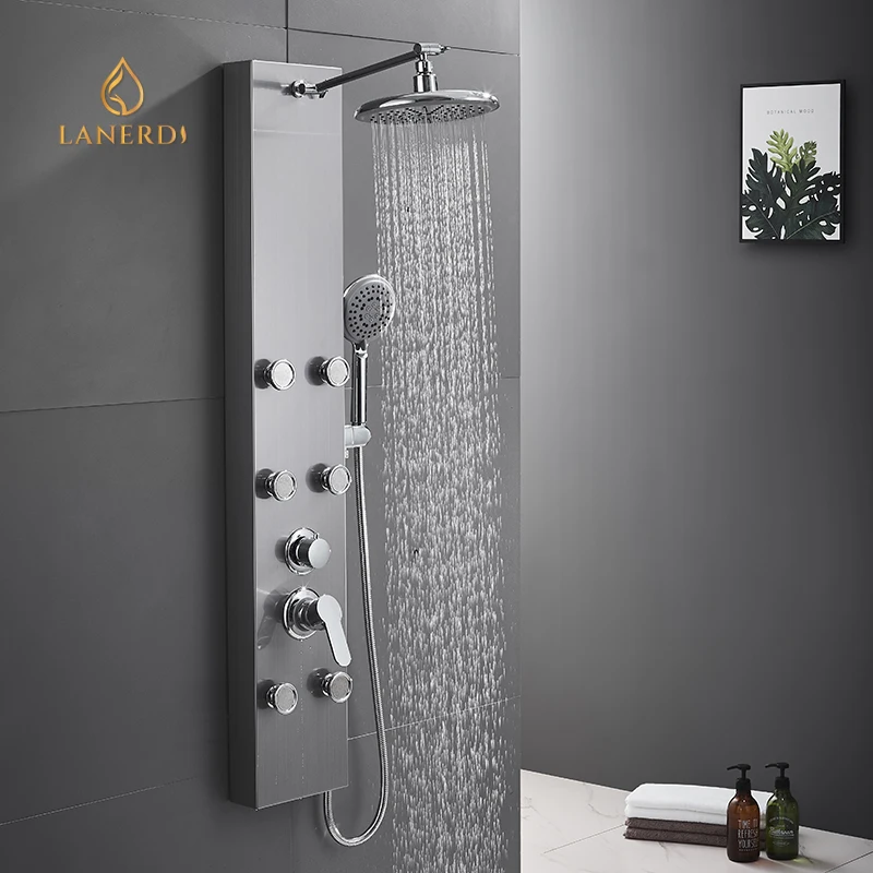 upc-shower-panel contemporary 6 inch 304stainless wall mounted rainfall shower faucet column tower panel with jets