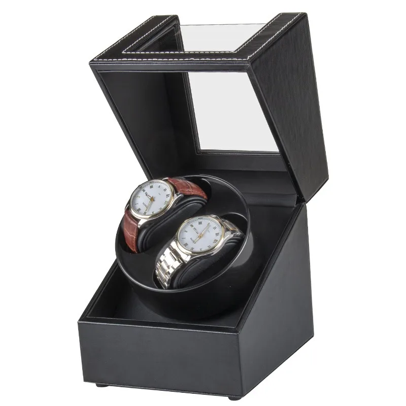 Ready In Stock 3 Modes 2 Slot Black PU Leather Carbon Fiber Watch Winder Box