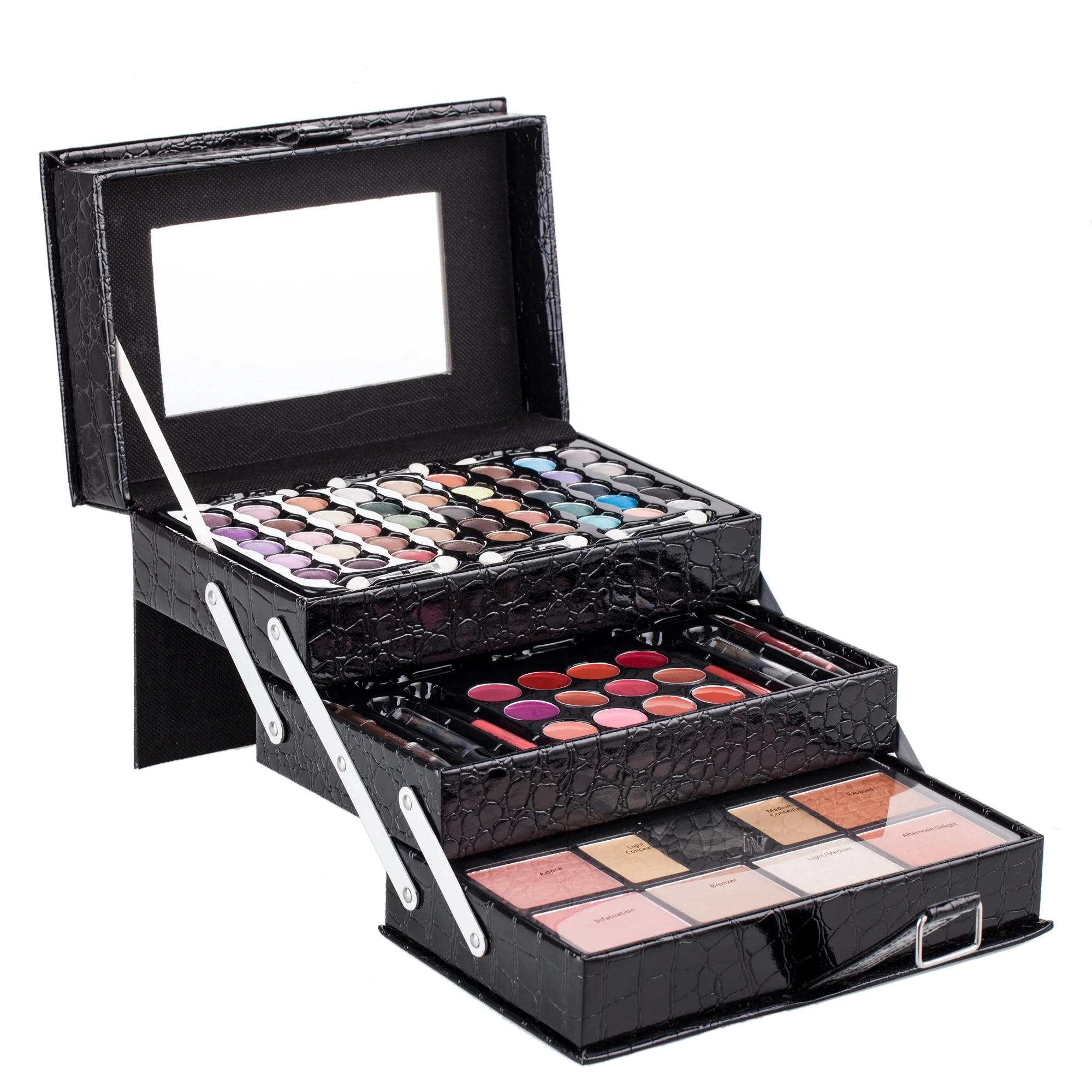 Factory hotselling black faux leather make up set box Makeup brushes eye shadow palettes blush palettes lipsticks lip glosses