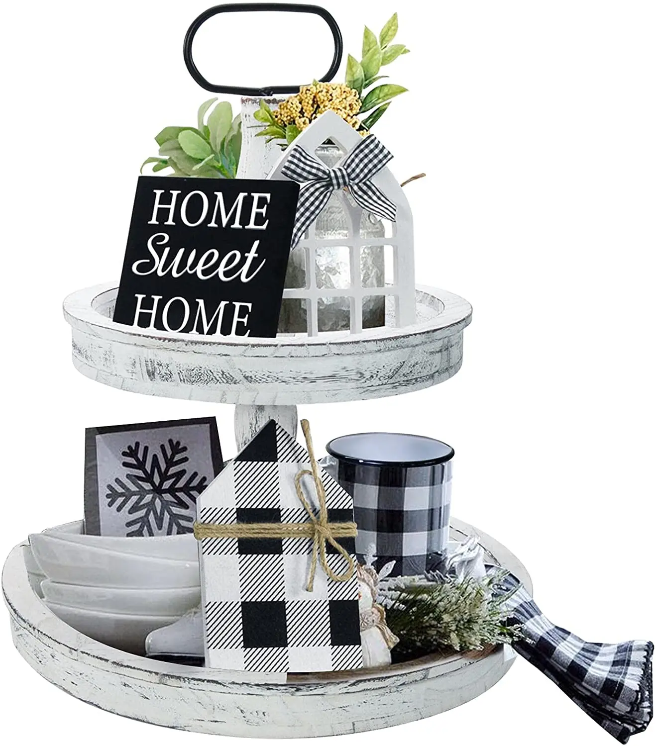 Two Tiered Tray White with 3 Wood Cute Signs, Wooden Rustic Modern Decorations Items for Home Kitchen Shelf