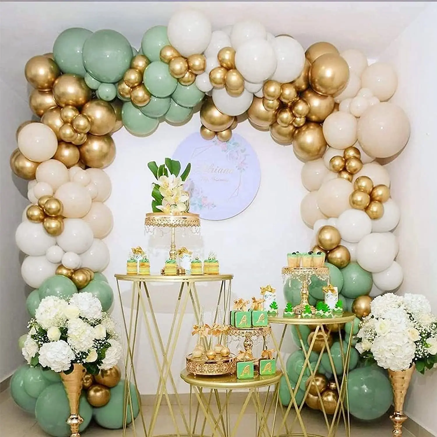Sage Green Balloon Garland Arch Kit Olive Eucalyptus Green White Gold Double-Stuffed Blush Balloons  other wedding decorations