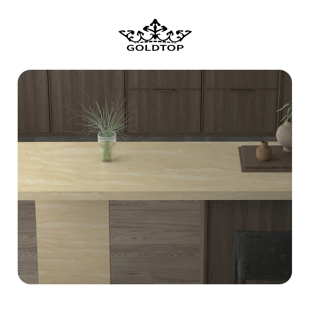 Goldtop OEM/ODM Quartzo high quality quartz background big stone slabs quartz stone 6040 Roman Travertine quartz kitchen worktop
