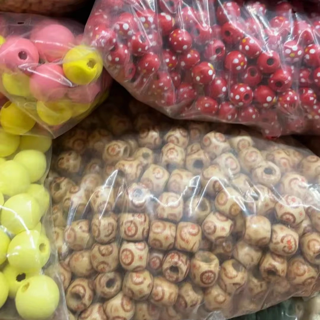 2024 Mylulu Wig Braid Wholesale Big Hole Printed Flower Wood Beads Wooden Craft Loose oval Shape Hair Beads For Hair Braid