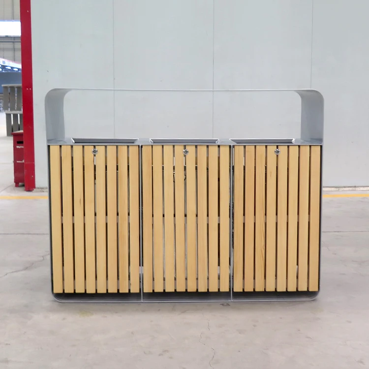Haoyida outdoor public sorting trash bin classified garbage can outside garden 3 compartments WPC wood waste receptacle
