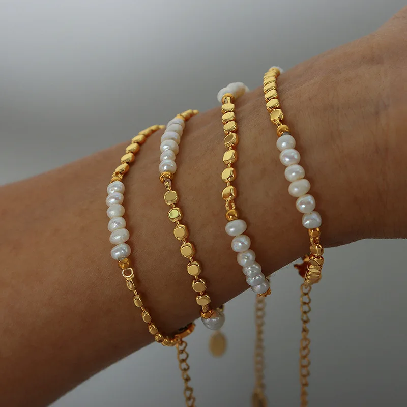 Trendy Jewelry Simple Brass Bead Freshwater Pearl Bracelet Non Tarnish 18k Gold Plated Beaded Bracelets MK4167
