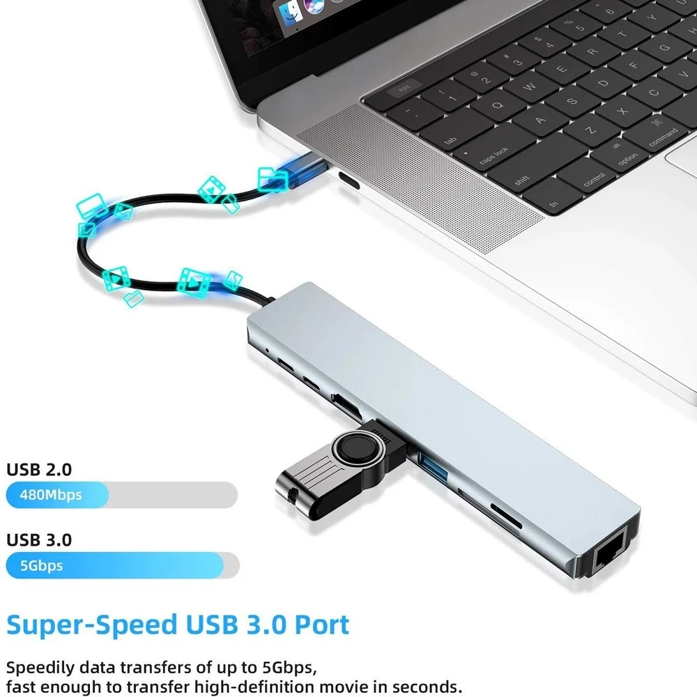 8in1 USB Type-C Hub To 4K HDMI RJ45 USB SD/TD Card Reader PD Fast Charge 8-in-1 Multifunction Adapter For MacBook Pro