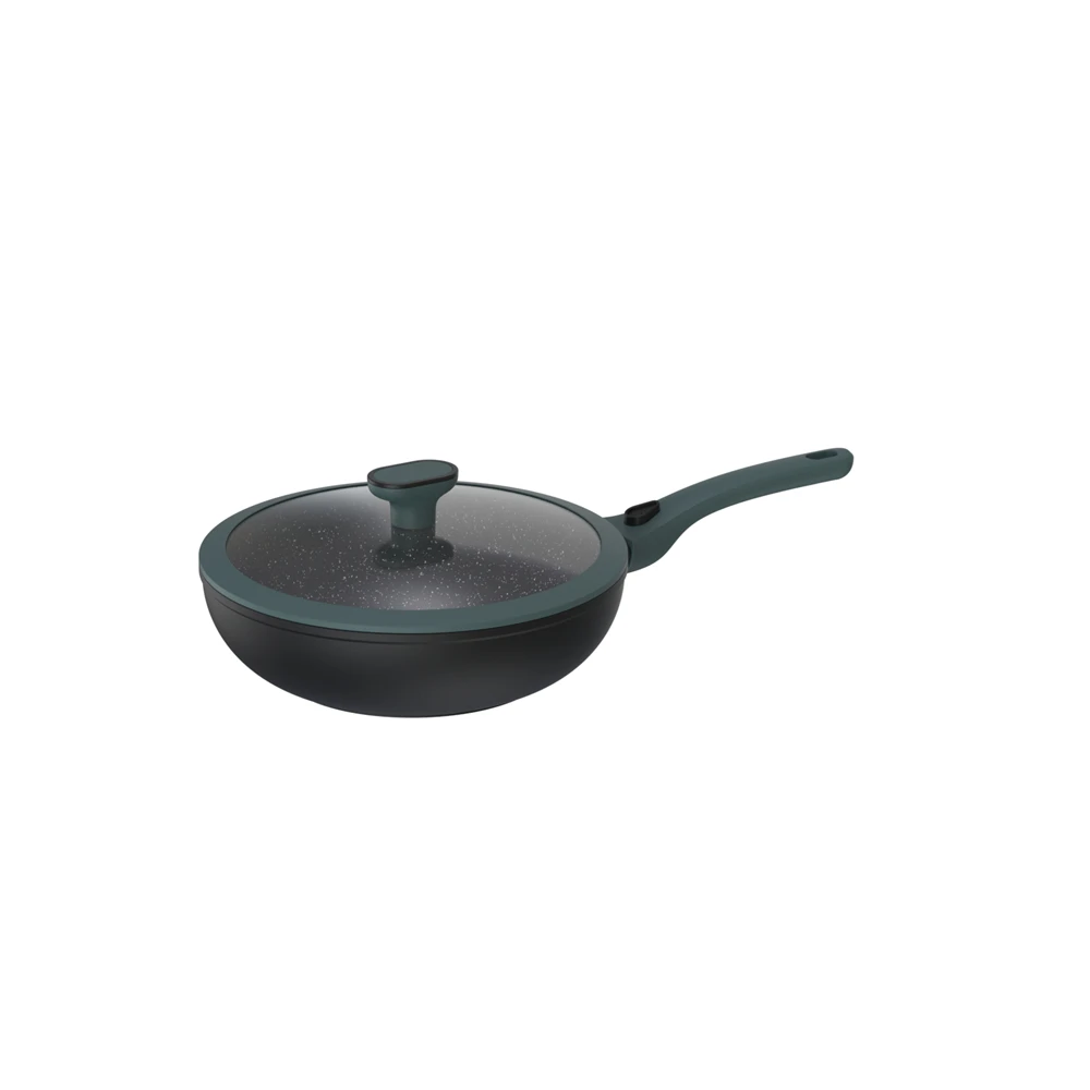 Aluminum Forged Detachable Handle Non-stick  Custom Cooking Wok Pan With Soft Touch Glass Lid