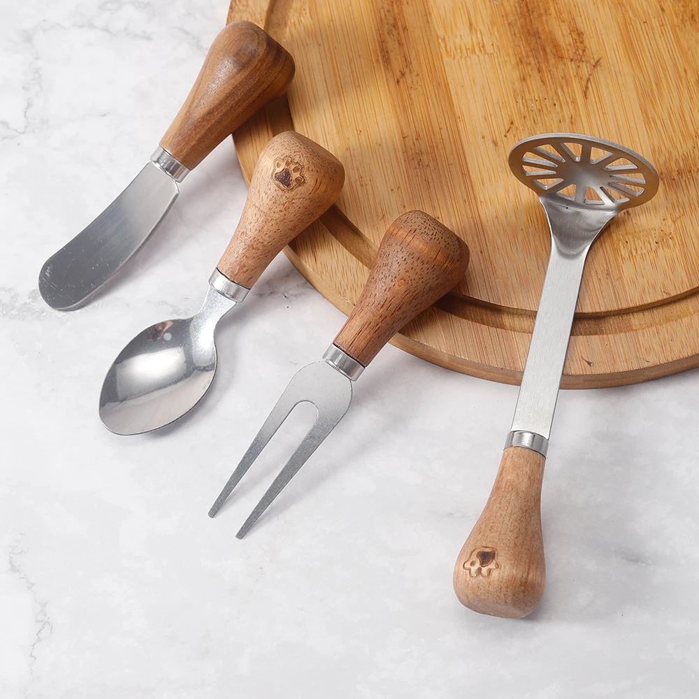 4 pcs custom logo stainless steel acacia cheese knife spreader set with wooden handle