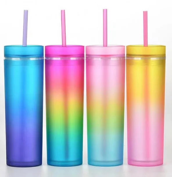 2021 Amazon hot Selling Gradient rain bow colorful cups 16oz skinny straight double wall crystal plastic tumbler with straws