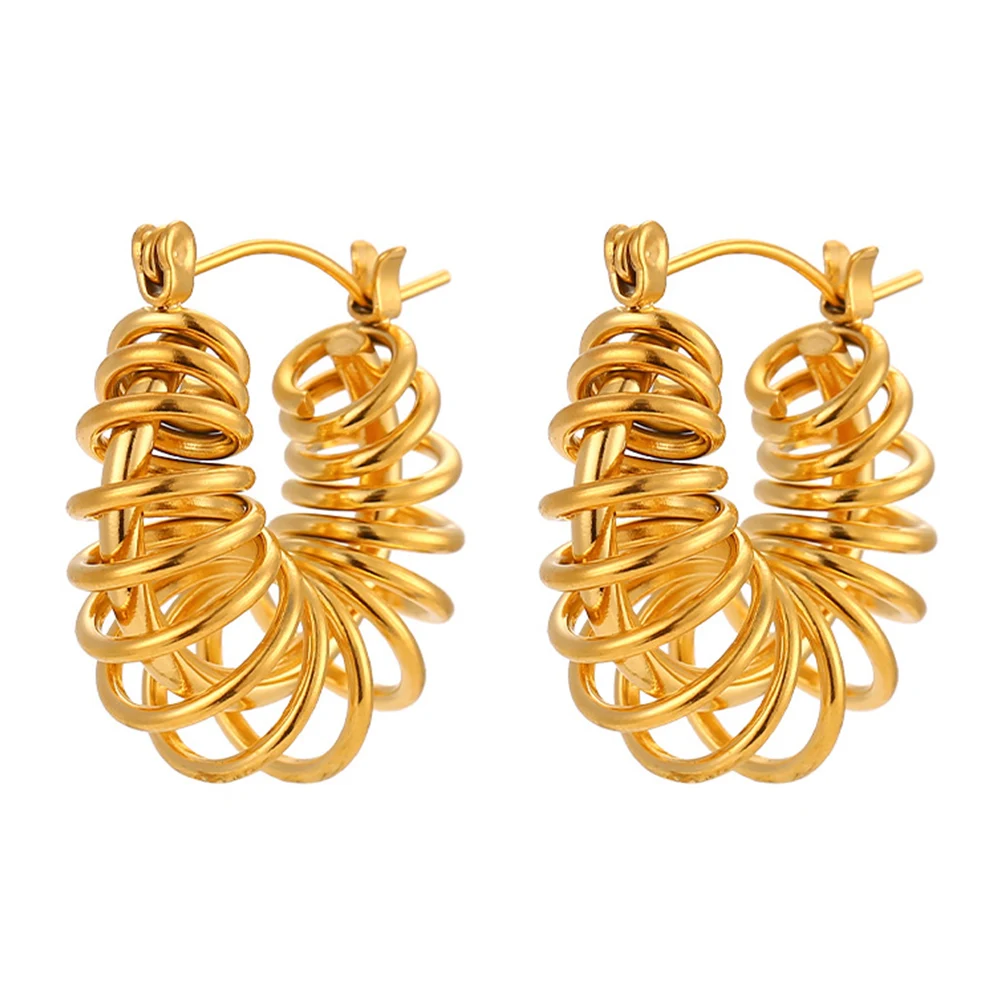 Minimalist Waterproof Stainless Steel Round Hollow Geometric Unusual Jewelry 18K Gold Winding Chunky Hoop Earrings For Women