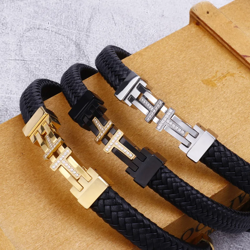 KALEN Gold Black Stainless Steel Zircon Cross Leather Bracelet