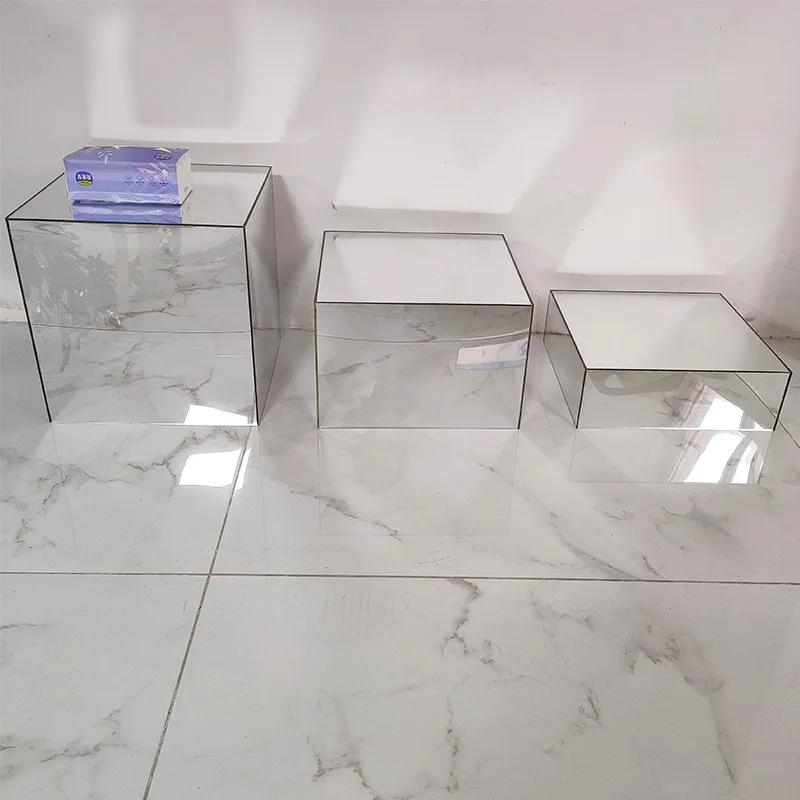 Set of 3 Square Mirrored Display Cube Acrylic Buffet Riser Sliver Mirror Acrylic Catering Buffet Risers Display Food Display