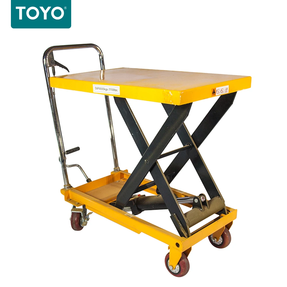 High Quality Toyo New Mobile Single Scissor 4 Wheels Manual Hydraulic Lifting Tables