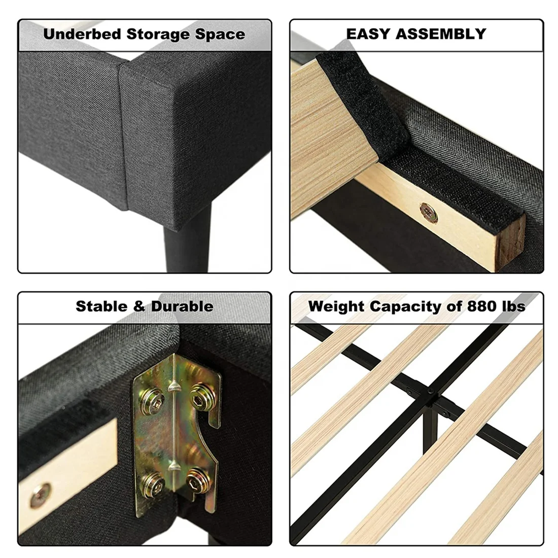 Новейшая трендовая темно-серая деревянная подставка для кровати из льняной ткани с Оттоманской скамейкой