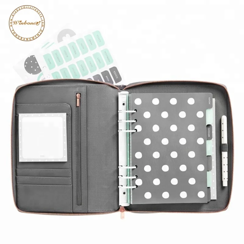 Unusual big-saving space zipper closure grey binder leather soft 6 ring planner cover