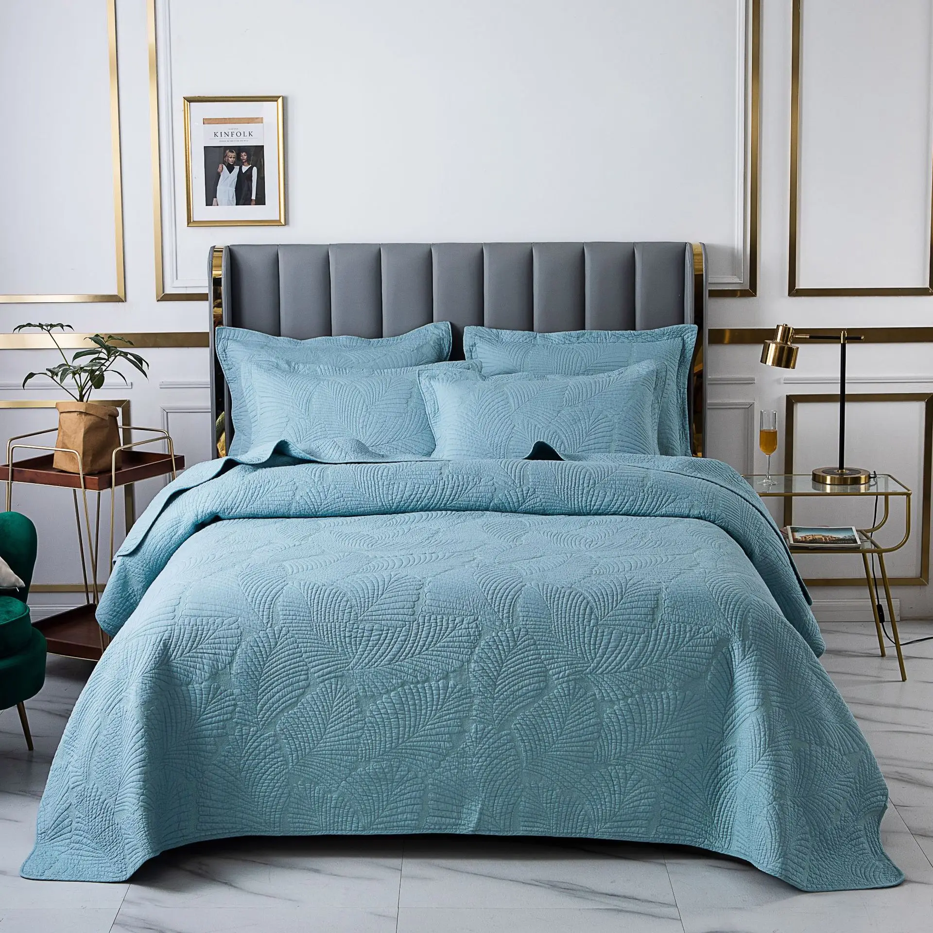 Luxury Solid Color Embroidery 100% Cotton 3 Pieces Quilt Set Home Hotel Soft Comfortable King Size Bed Cover Summer Blanket