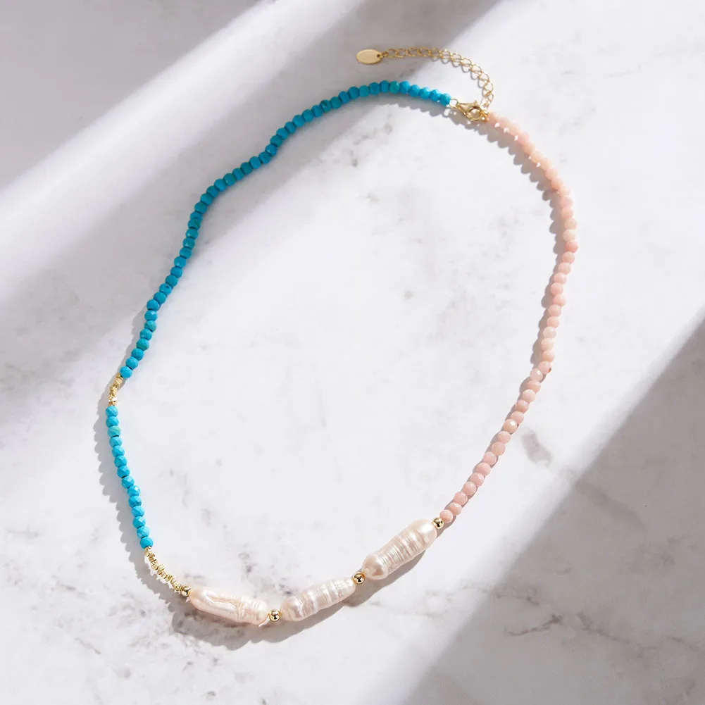 RINNTIN MPN08 Handmade Natural Stone Jewelry Boho Gold Plated Turquoise with Pink Opal  Beaded Beach Choker Necklace for Women