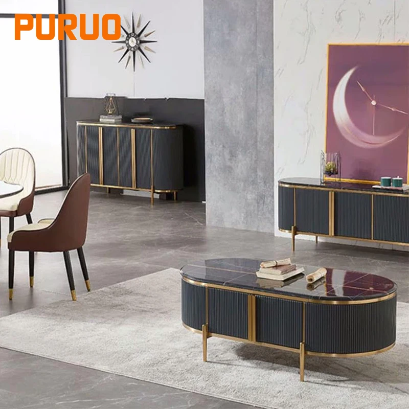 PURUO luxury home use living dining room furniture stone top MDF wooden cabinet buffet console table with storage