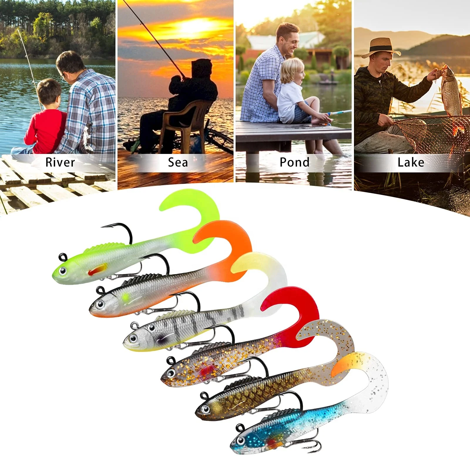 Truscend Amazon Best Seller pike carp pre rigged jig head soft cured tail plastic artificial fishing lures bait for trout