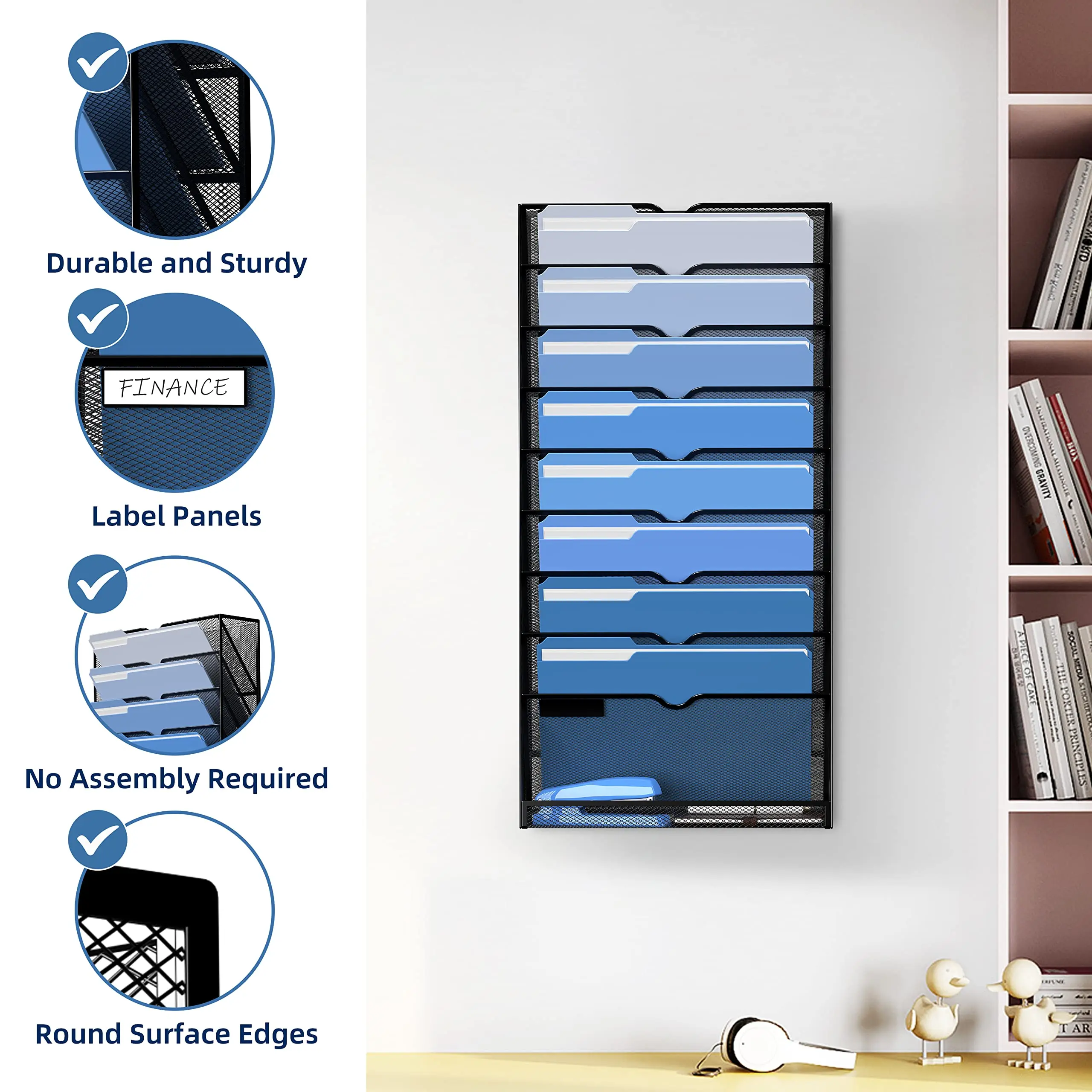 Metal Mesh 15 Tier Vertical Hanging Wall File Organizer with Bottom Flat Tray Holder for Papers and Magazines