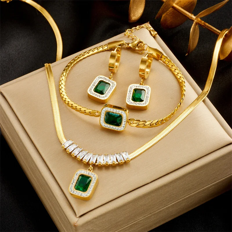 Fashion Jewelry Necklace 2 Layer Necklace Earring Set 18 K Gold Plating Green Diamond Stainless Steel Necklace Earring Sets