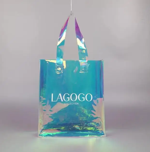 Custom Logo Printed Eco Friendly Reusable Clothing T-shirt Plastic Bags Recyclable Holographic PVC Handbag Shopping Bags