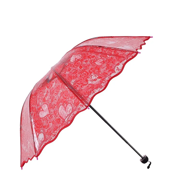 New launch Korean lace folding transparent love clear umbrella super thick protection folding umbrella heart lace umbrella