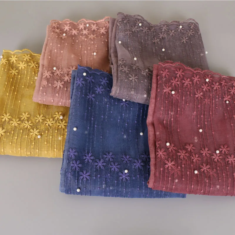 CPC Hot Sale Designs Tie Dyeing Plain Cotton Headscarf Muffler Muslin Hijab Lace Embroidery Scarf Women