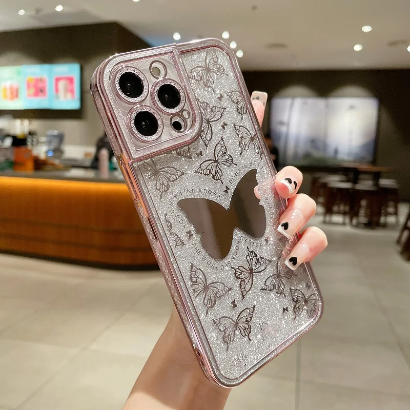 Luxury Bling Glitter Diamond Rose Butterfly Soft TPU Case For iPhone 14 13 12 Pro Max Bling Diamond Camera Lens Protector Case f