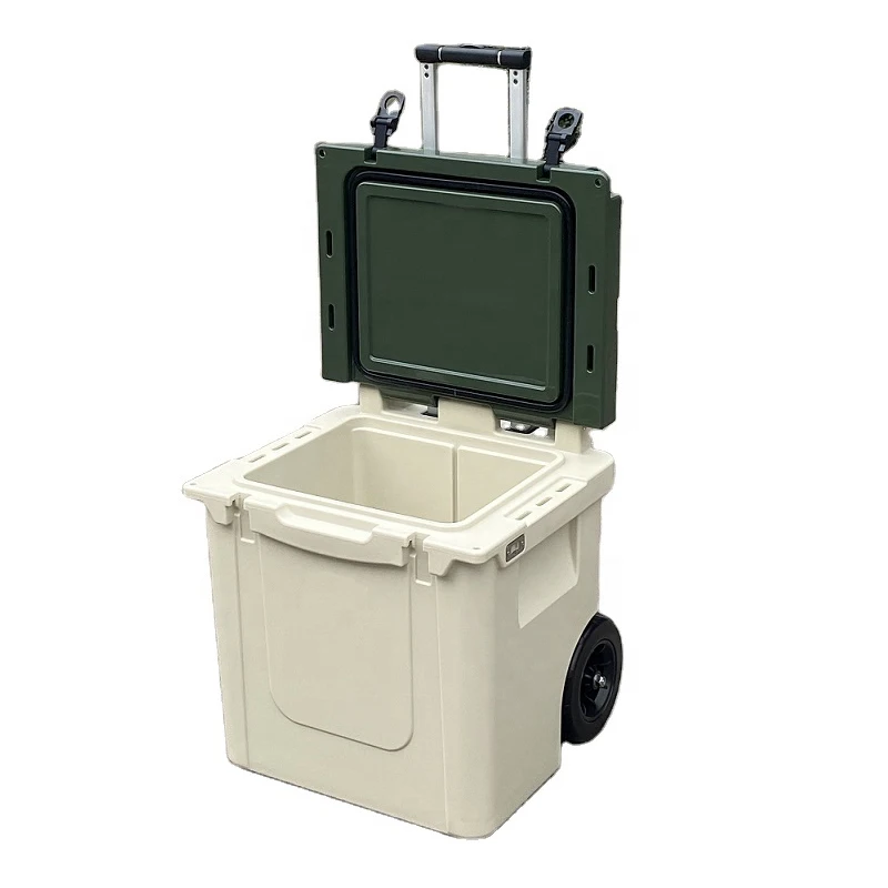 Manufacture high quality 45qt rotomolded cooler with wheels outdoor ice chest cooler with wheels