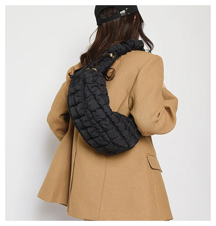 High Quality Korean style soft Winter Padded Polyester Quilted puffy Fabric Women Handbag Softness Pleated Underarm Bag