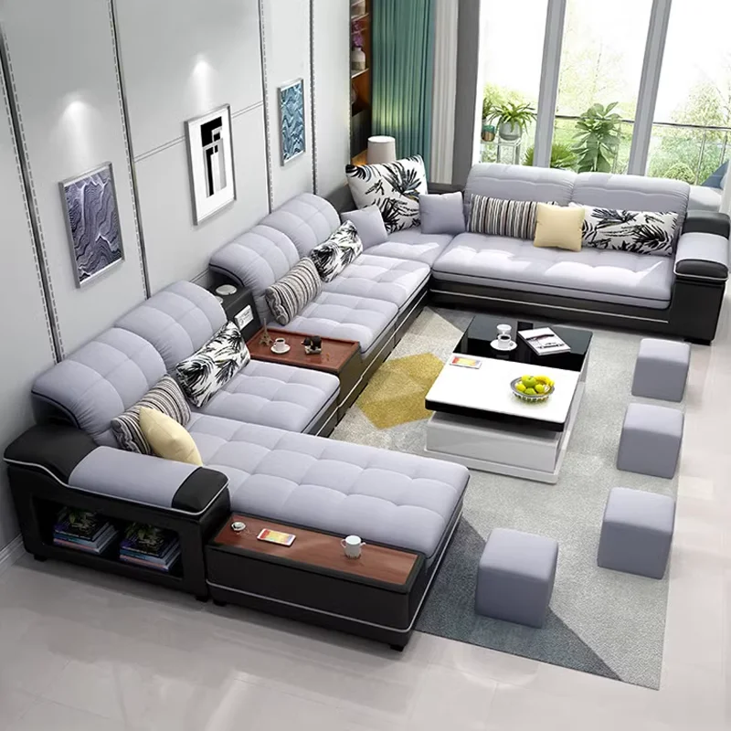 Modern U Shape Corner Sofa Technology Leather Surface Wood Frame Home Sofa CEFS049