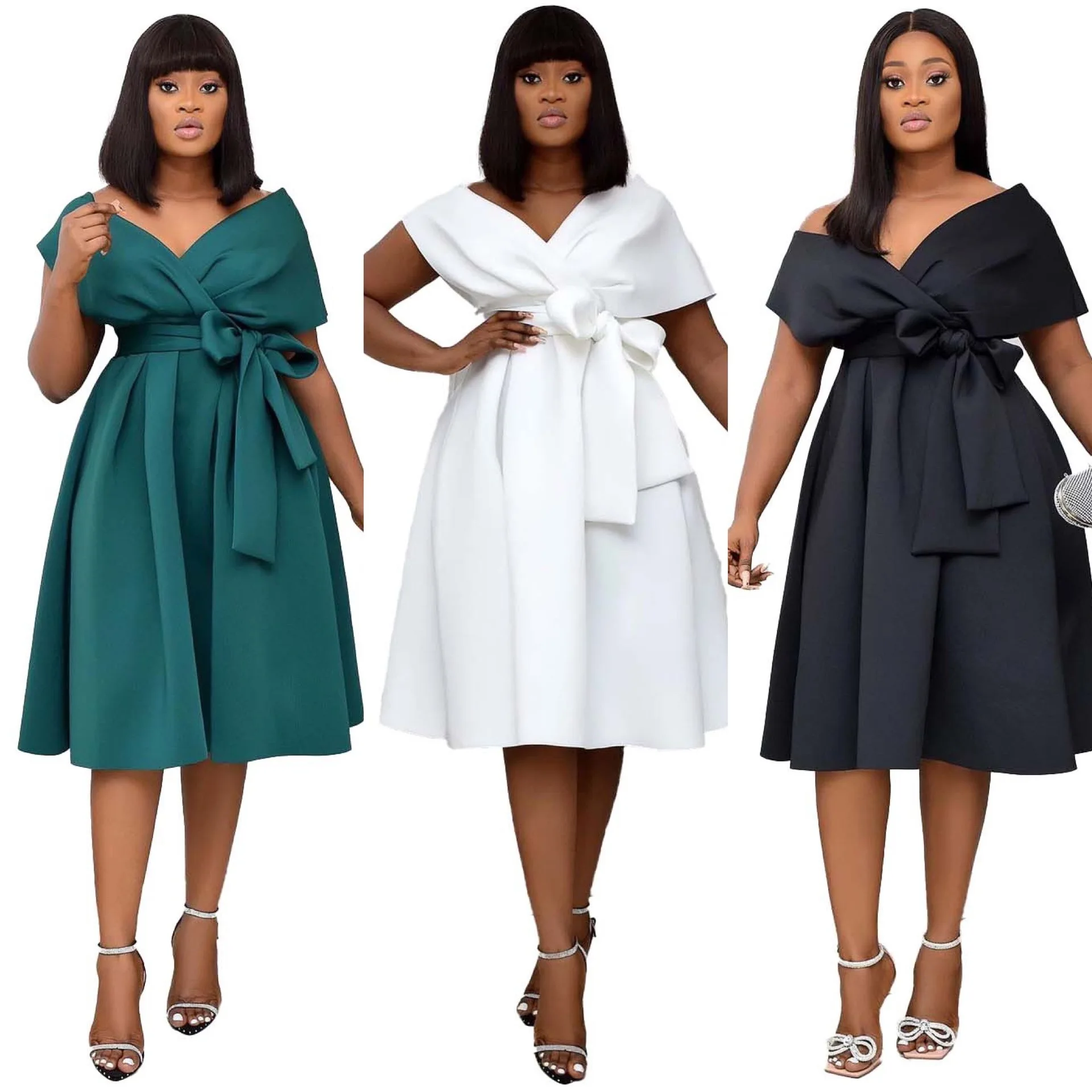 D099M Best selling africa clothing evening dresses women belted plus size ladies dresses sexy deep v neck A line summer dress
